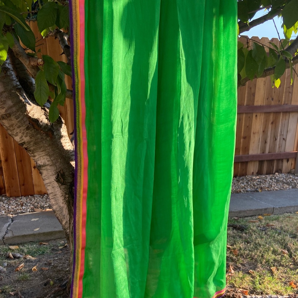 Vibrant Green Sheer Scarf with Multicolor Border - Picture 5 of 7